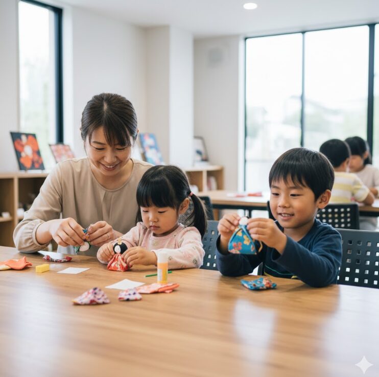 日本人の母親と子供が、紙や布を使って小さな雛人形を手作りしている様子。