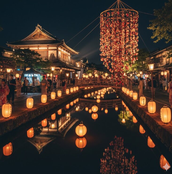 夜の庭園や水路が幻想的にライトアップされ、水面にぼんぼりの明かりが揺れている風景。