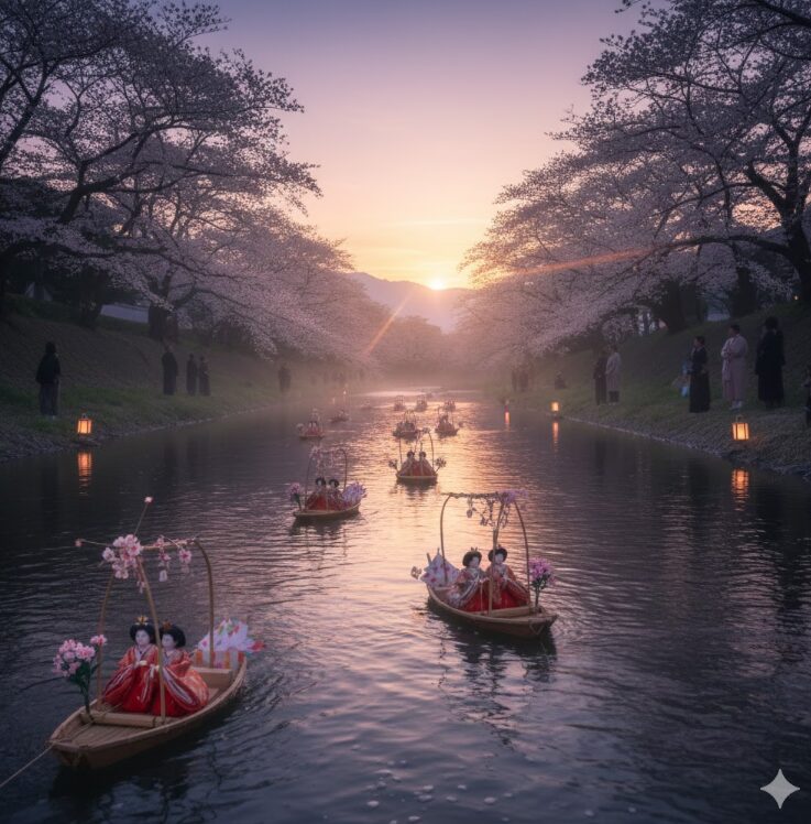 上巳の節句の起源を伝える、夕暮れの川を流れる流し雛の風景