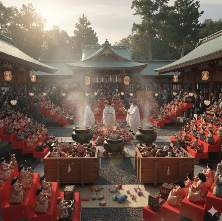 全国から集められた数多くの人形が並ぶ、人形供養で有名な神社の境内