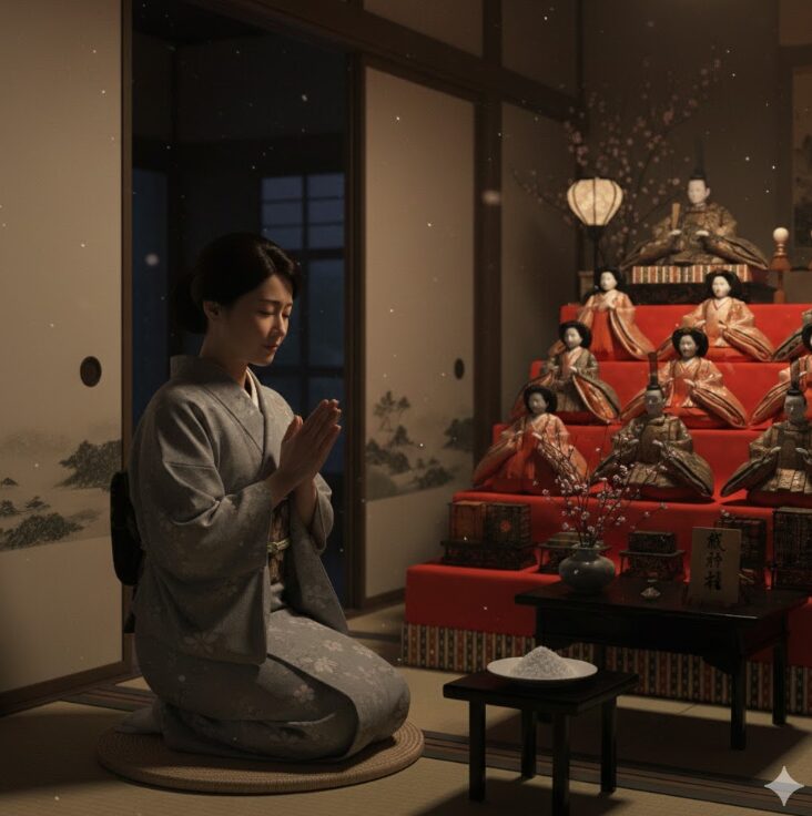 自宅でお清めの塩を使い、感謝の気持ちを込めて雛人形を供養する女性