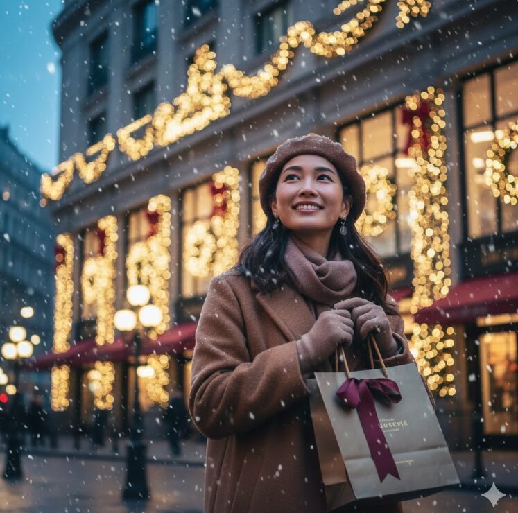 丁寧にリボンがかけられた高級感のあるショコラブランドの紙袋を大切そうに抱えて歩く日本人女性。