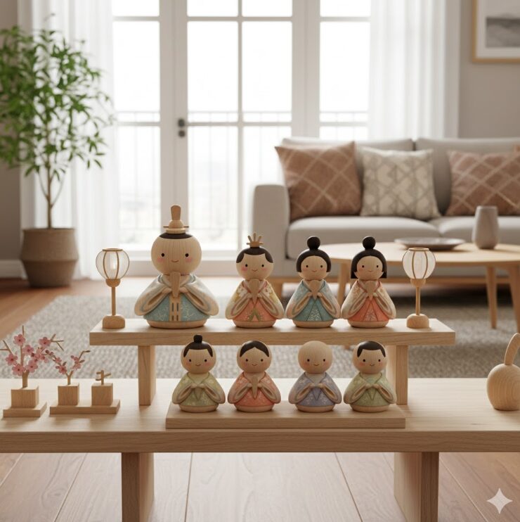 現代の明るいリビングに飾られた、親しみやすいデザインの木製雛人形