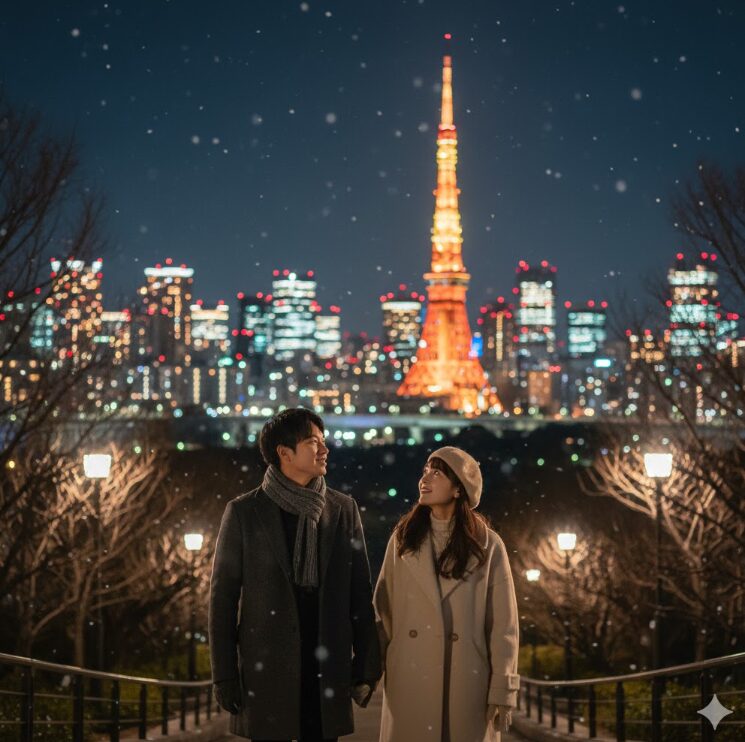 バレンタインの日に東京の夜空と、街中の美しいライトアップを眺めながらのんびり歩くカップル

