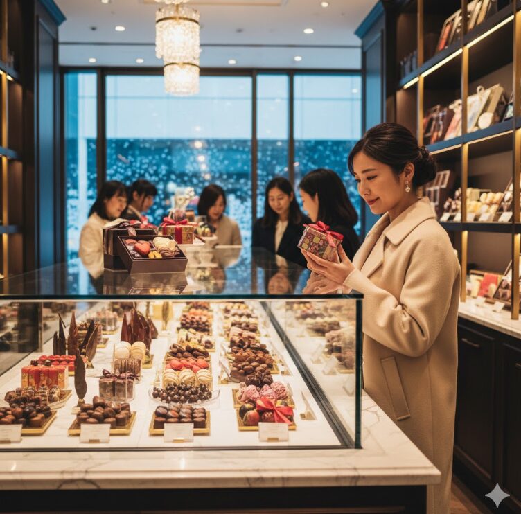  美しいショーケース、並べられた彩り豊かなチョコレート、丁寧にギフトを選ぶ日本人の女性。清潔感と高級感のある内装。