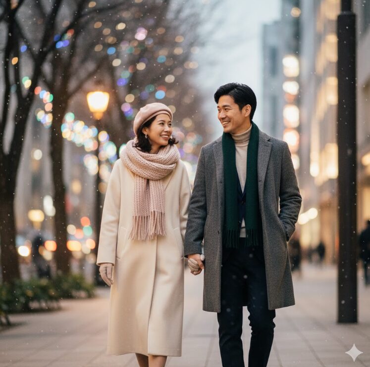 ウールのロングコートにボリュームのあるマフラーを巻いた女性、ジャケットにコートを羽織った男性。パステルカラーの小物を差し色にした清潔感のある服装。