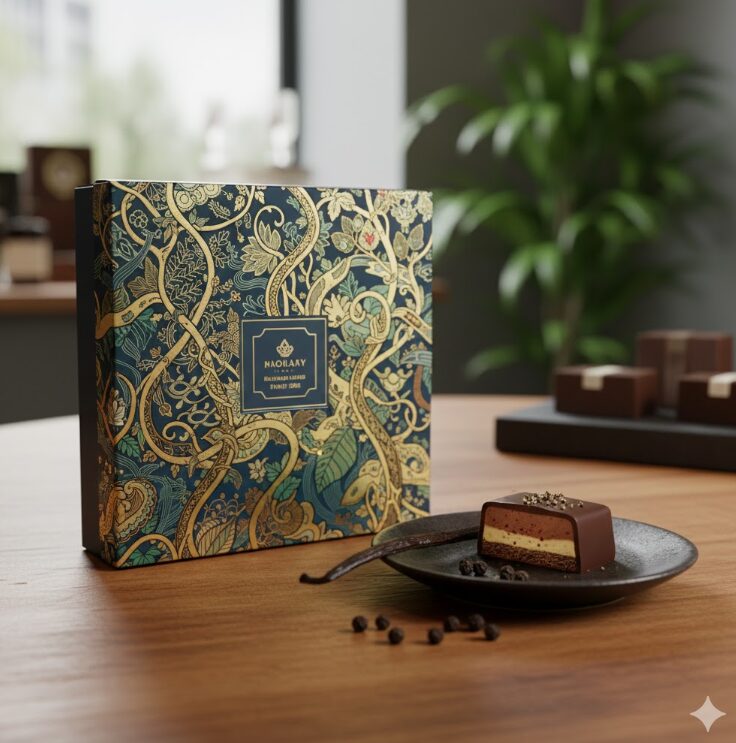アーティストが描き下ろしたような、緻密で美しいイラストが施されたボックスが、温かみのある木のテーブルに置かれている。その横には、バニラビーンズと黒胡椒が添えられた、断面の美しい一粒のショコラ。