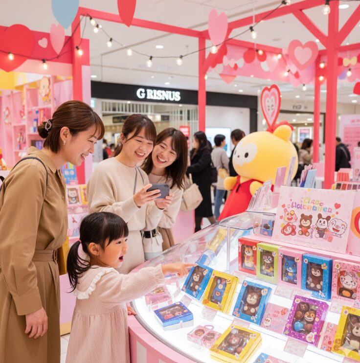 ポップで可愛らしいデザインのバレンタイン特設会場。キャラクターモチーフのチョコレートを指差して喜ぶ日本人の親子、または若いカップル。明るく楽しげなカラーリングの店内。