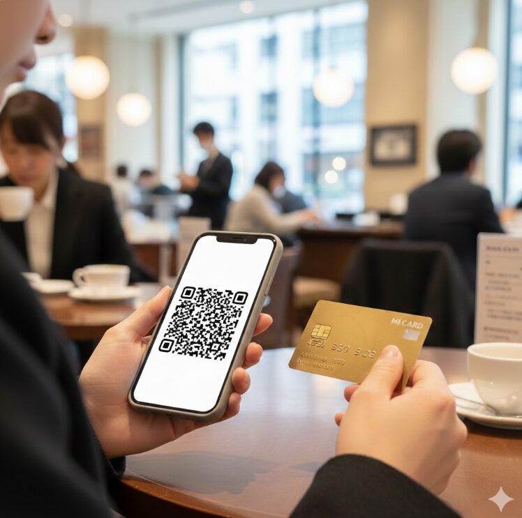 スマートフォンの画面（PassMarketの当選画面風）と、手元にあるクレジットカード（エムアイカードを想起させるデザイン）を一緒に持っている日本人の手元。