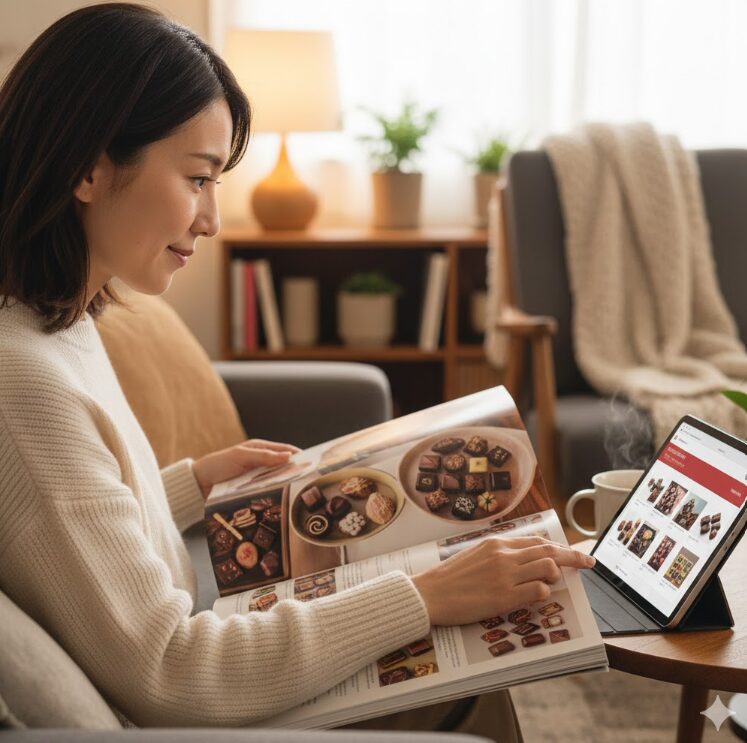開かれた分厚いショコラカタログと、その横でタブレットを使ってオンライン注文を検討している日本人女性。