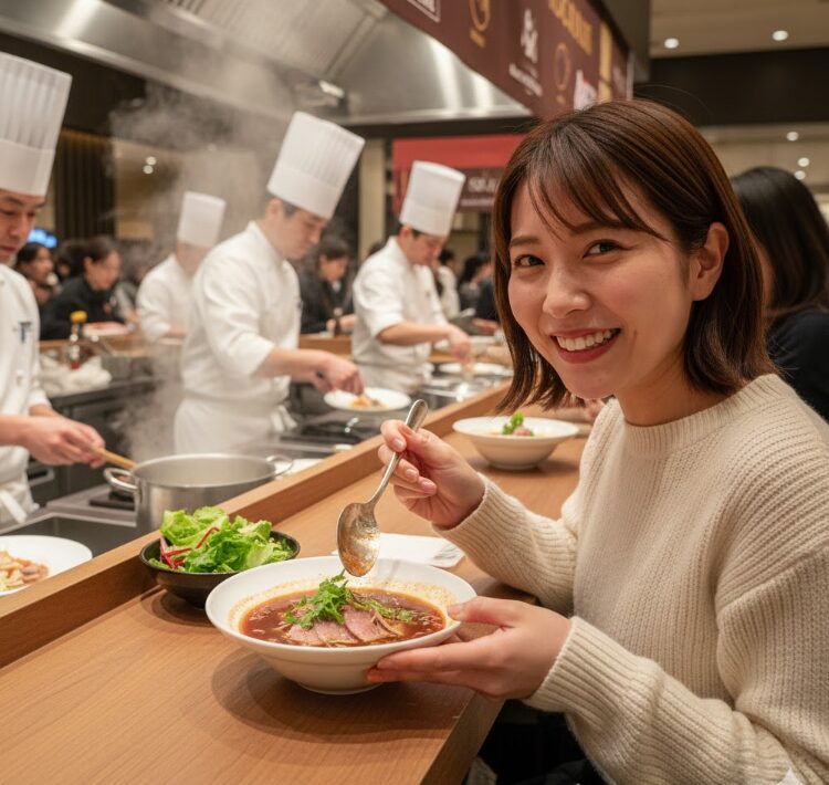 目の前で盛り付けられる「カカオを使った料理（フォーなど）」を、笑顔で今まさに食べようとしている日本人の顧客。