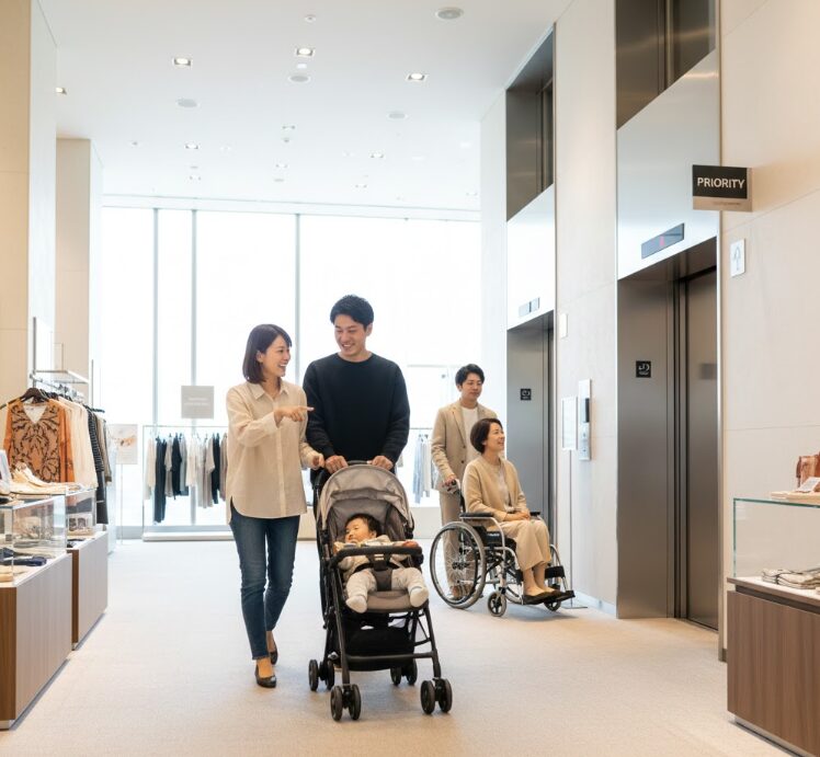 ベビーカーを押して快適に移動する日本人夫婦、または車椅子を利用してゆったりと商品を見ているグループ。