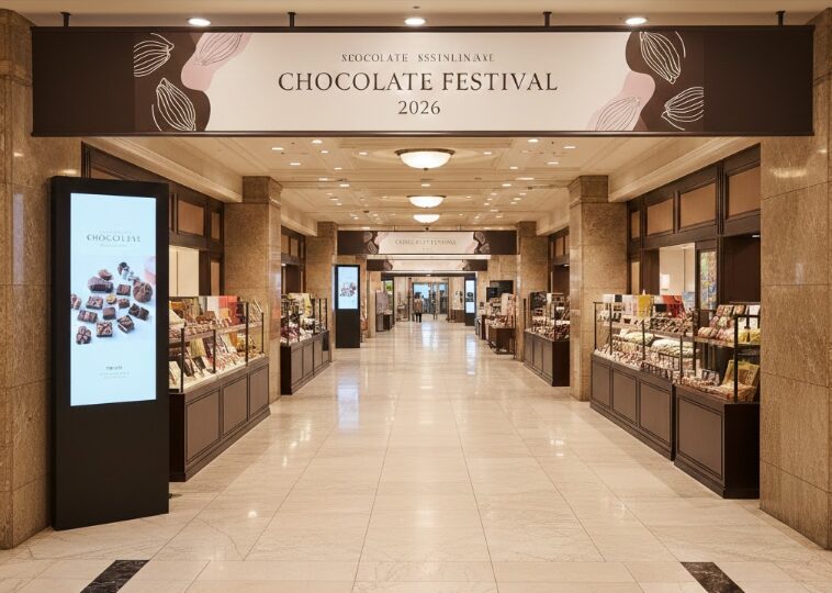 百貨店の催事会場入り口。スタイリッシュなイベント看板が掲げられている。