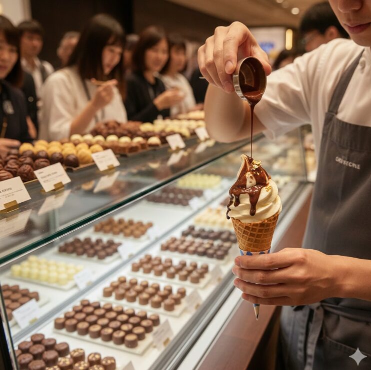 ショーケースに並ぶ色とりどりのショコラ。その傍らで、パティシエ風の人物がソフトクリームにチョコソースをトッピングしている手元のアップ。