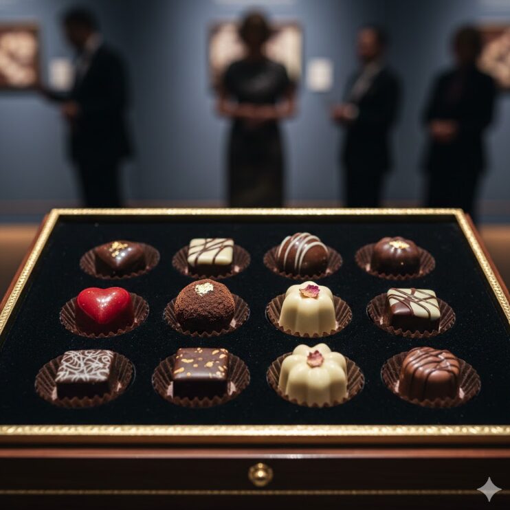 宝石箱のような「セレクションBOX」をイメージした、一粒一粒が異なるデザインの美しいショコラが整然と並ぶ様子。