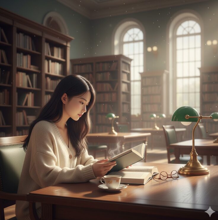 静かな図書館で一人の時間を過ごす日本人の女性