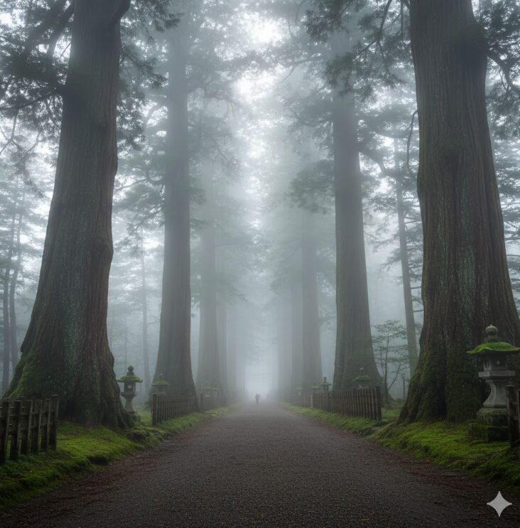 霧に包まれた荘厳な戸隠神社の杉並木道