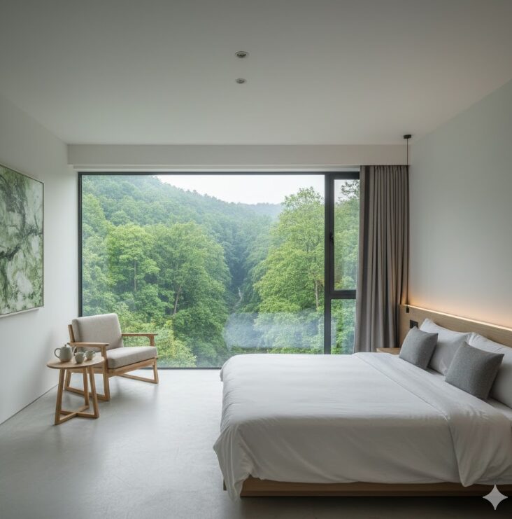 森の緑を一望できる、ミニマリストなデザインの静かなホテルの客室