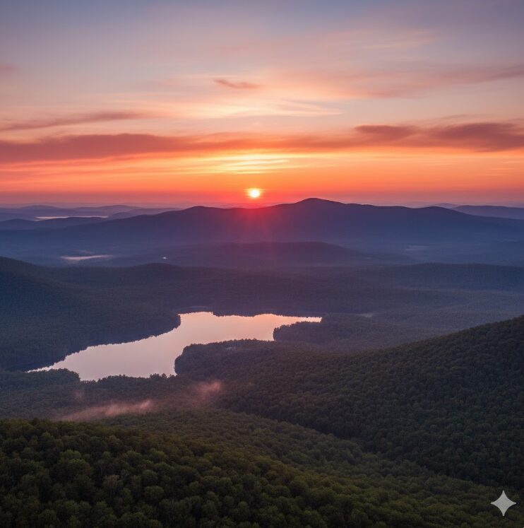 静かな山々に沈む夕日と穏やかな風景
