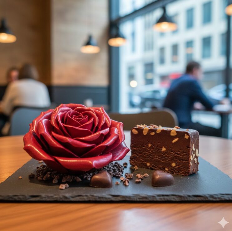 黒いスレートプレートの上に置かれた、真紅のバラの形をした精密なチョコレート彫刻（チョコスカルプチャー）。花びらの重なりが非常に繊細で、隣には濃厚そうなチョコレートテリーヌが一切れ添えられている。
