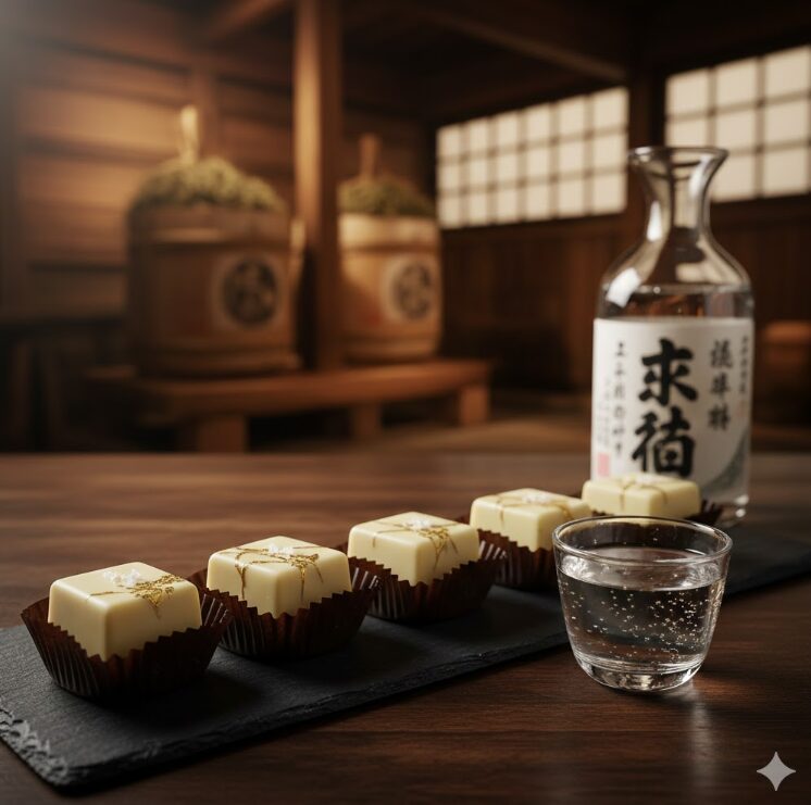 伝統的な酒蔵の雰囲気を背景に、洗練されたホワイトチョコレートと、その横に日本酒が注がれたお猪口を配置。
