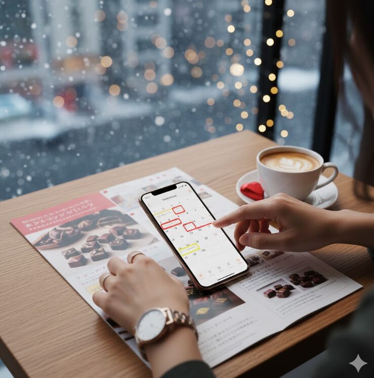 おしゃれなカフェのテーブルで、スマートフォンでカレンダーアプリを見ながら、チョコレートのパンフレットを広げて計画を立てている日本人の手元。

