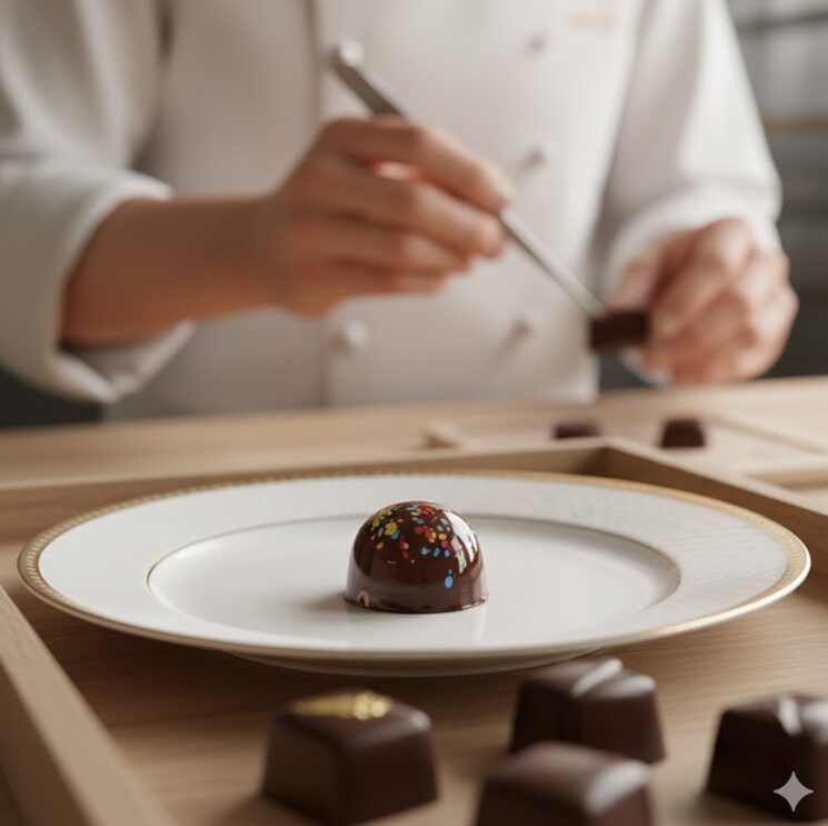 宝石のように美しい一粒のボンボンショコラが、高級感のある皿に置かれているアップショット。背景にはパティシエが繊細な作業をしているボケ味。