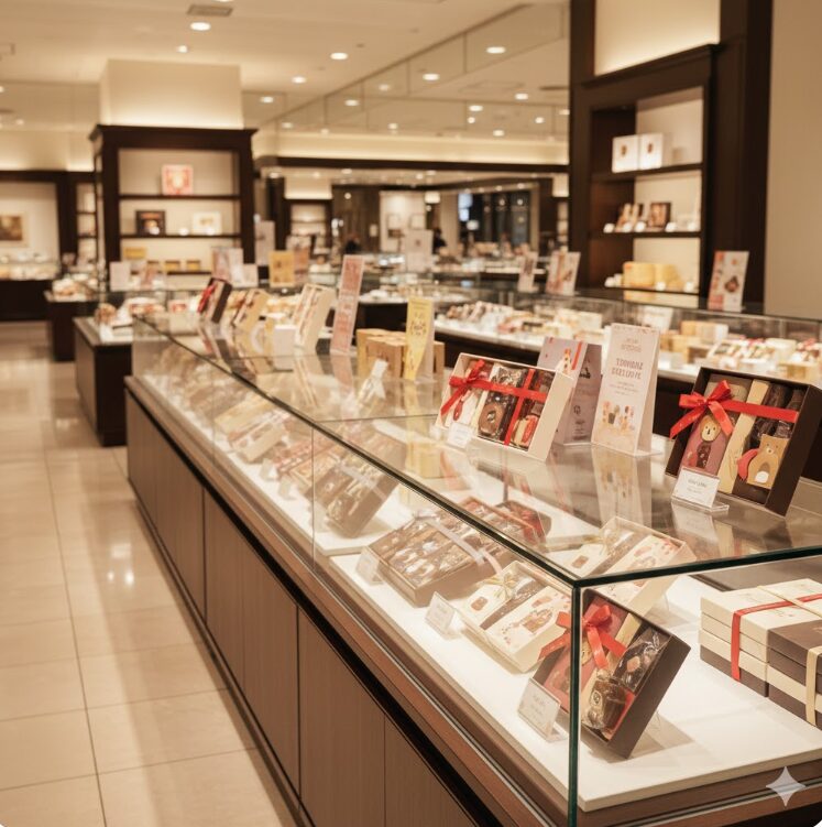 洗練された百貨店の催事場コーナーで、東北限定の可愛らしいラッピング（クマのモチーフなど）が施されたスイーツが売られている様子。人は載せないで