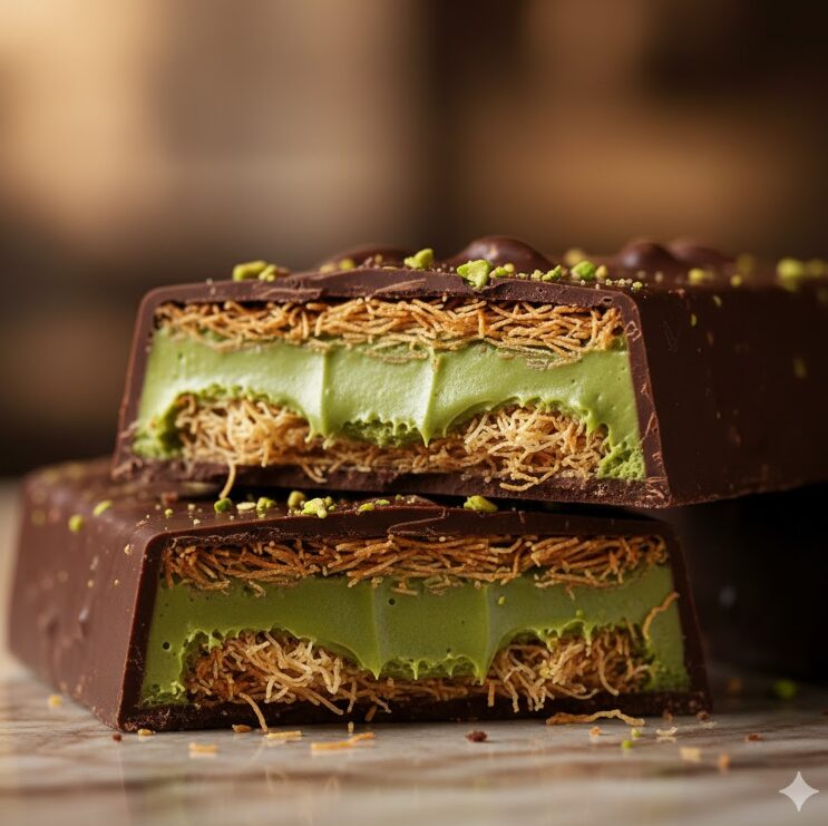 ドバイチョコレートを割った断面のクローズアップ。中のピスタチオペーストと細い麺（カダユフ）が層になっている様子をシズル感たっぷりに描写。
