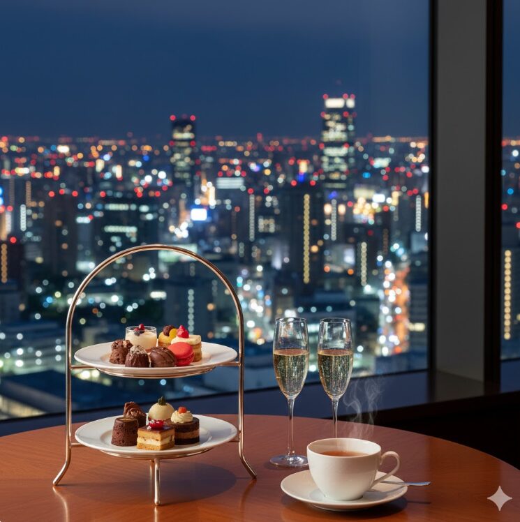 ウェスティンホテル仙台の大きな窓から見える仙台のパノラマ夜景を背景に、豪華な3段のティースタンドとシャンパングラスが並ぶテーブル。
