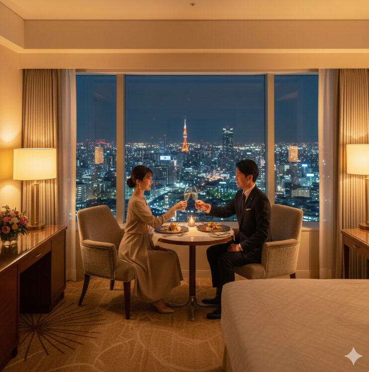 ラグジュアリーなホテルの高層階客室。大きな窓から広がる福岡のパノラマ夜景を背景に、上品な服装の日本人カップルがシャンパングラスで乾杯している。室内は暖色系の間接照明で高級感を演出。