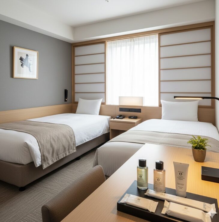  明るく清潔感のあるモダンなビジネスホテルのツインルーム。和モダンな要素を取り入れたインテリアや、綺麗に整えられたベッド、充実したアメニティが並ぶデスク。