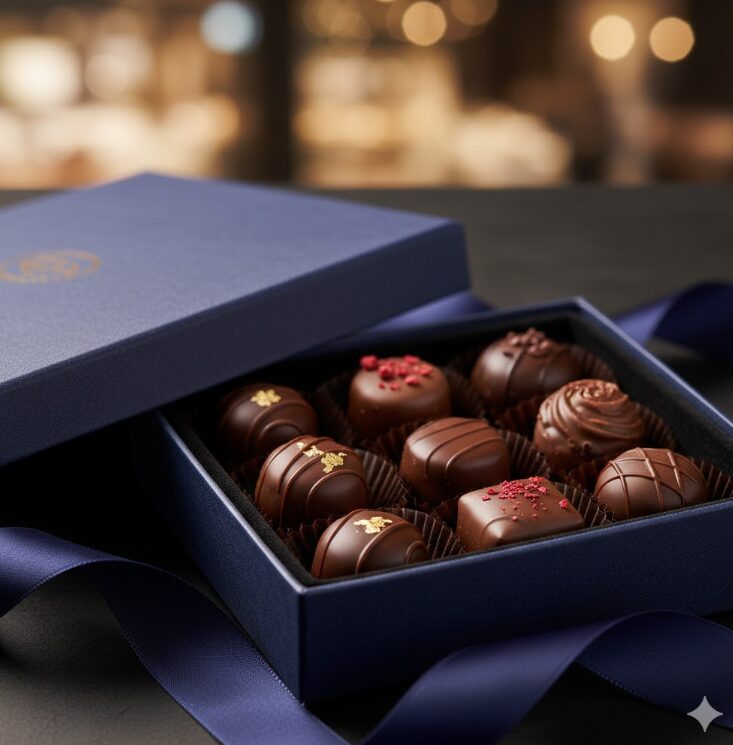 ラグジュアリーなネイビーのボックスに収められた、宝石のようなボンボンショコラ。