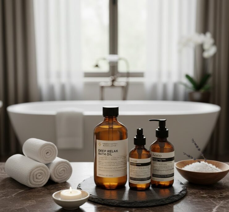 高級感のあるバスルームに置かれたブランドのハンドバームとアロマオイル、癒しの空間イメージ