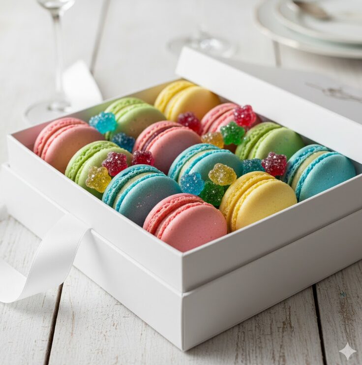 マカロンと金平糖の質感を強調し、ギフトとしての「特別感」と「彩り」を視覚的に伝える写真