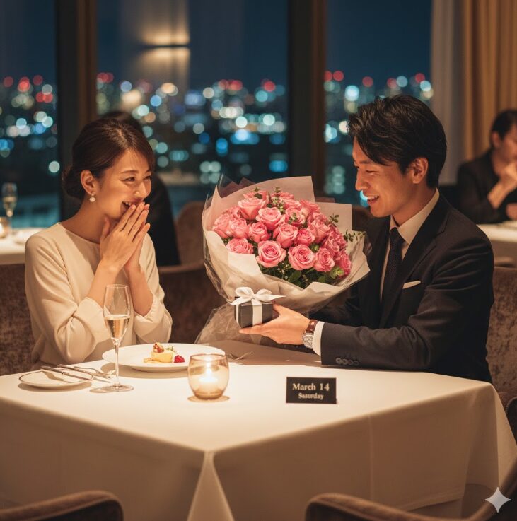 ホワイトデーの一日の締めくくりとして最高のクライマックスを演出するレストランでのワンシーンです。