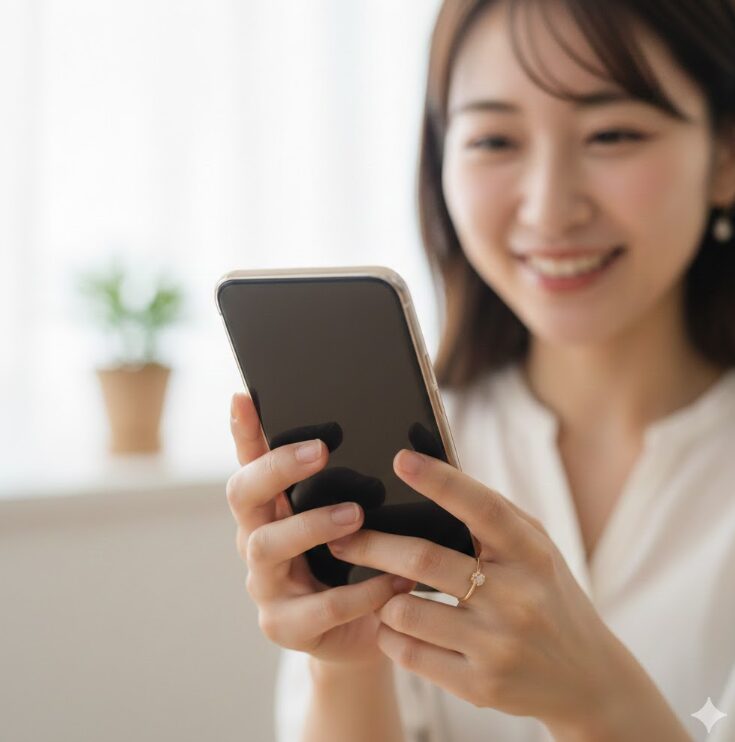 スマートフォンでソーシャルギフトのメッセージカードを受け取り、笑顔になる日本人女性の手元