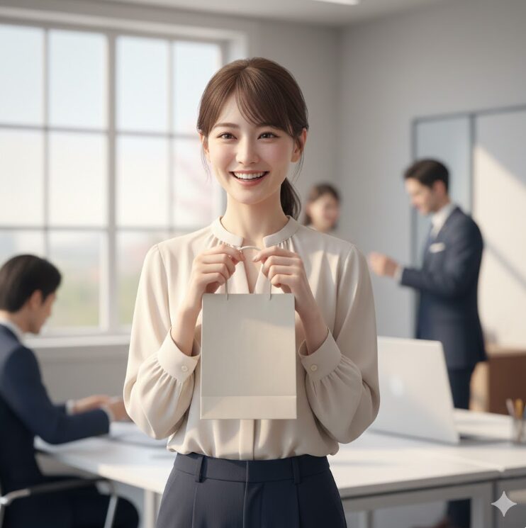 予期せぬプレゼントを手に取り、明るい笑顔で喜びを表現している20代の日本人女性