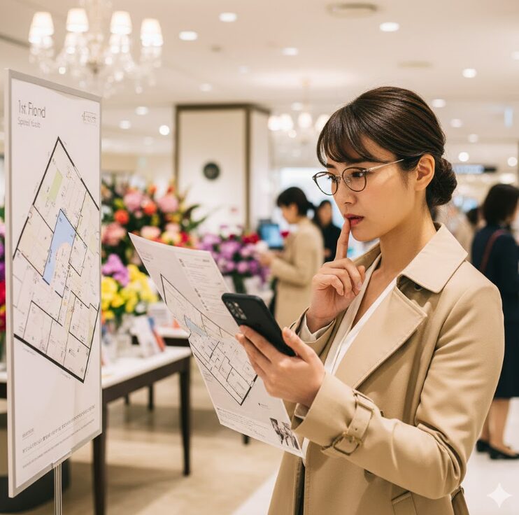 スタイリッシュなフロアガイドを眺める日本人女性の姿。手にスマートフォンを持ち、お買い物の計画を立てている様子。背景には1階特設会場の華やかな装飾が見える。テキストは含まず、視線の先や手の動きで「攻略」している雰囲気を演出。