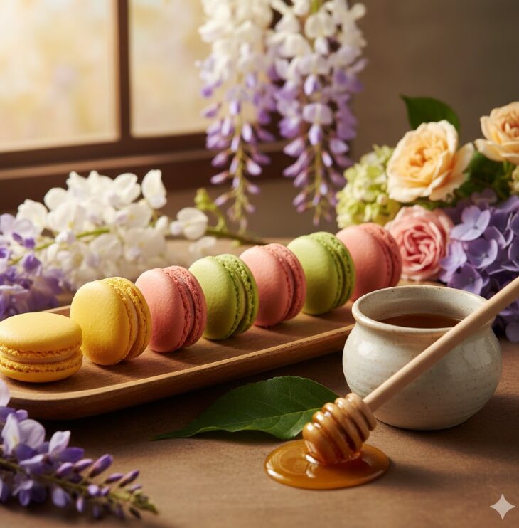 宝石のように並んだマカロンのアップ。神戸の豊かな自然や花々を想起させるナチュラルで上品なテーブルセッティング。横には、はちみつがとろりと滴る小さなポットを添え、「須磨離宮公園のはちみつ」という特別感を視覚的に強調。16:9のワイド画角を活かしたシネマティックなライティング。