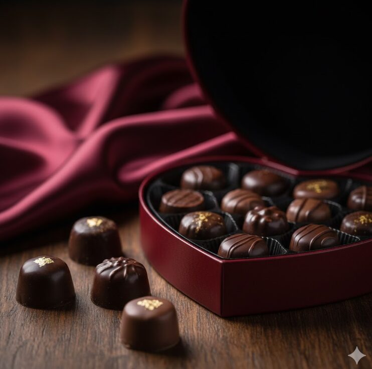 深い赤色のハート型ボックスに入った、艶やかなチョコレートのクローズアップ。ベルギー王室御用達にふさわしい、重厚感のある木製テーブルとシルクの布を背景に配置。一粒一粒の質感が伝わるような、高精細なマクロ撮影風の描写。