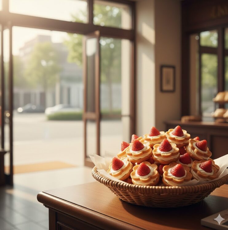 花束のような可愛らしい焼き菓子(グレイシア風)が、上品なカゴに美しく盛り付けられている様子。背景には、朝の柔らかな光が差し込む店舗の入り口付近で、静かに順番を待つ清潔感のある日本人客たちの列をぼかして配置。