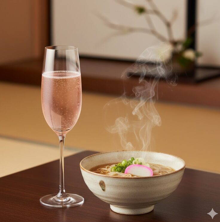 シャンパングラスに注がれた淡いピンク色のスパークリングティー。隣には、温かな湯気が立ち上る上品な和食器に入った「にゅうめん」を配置。