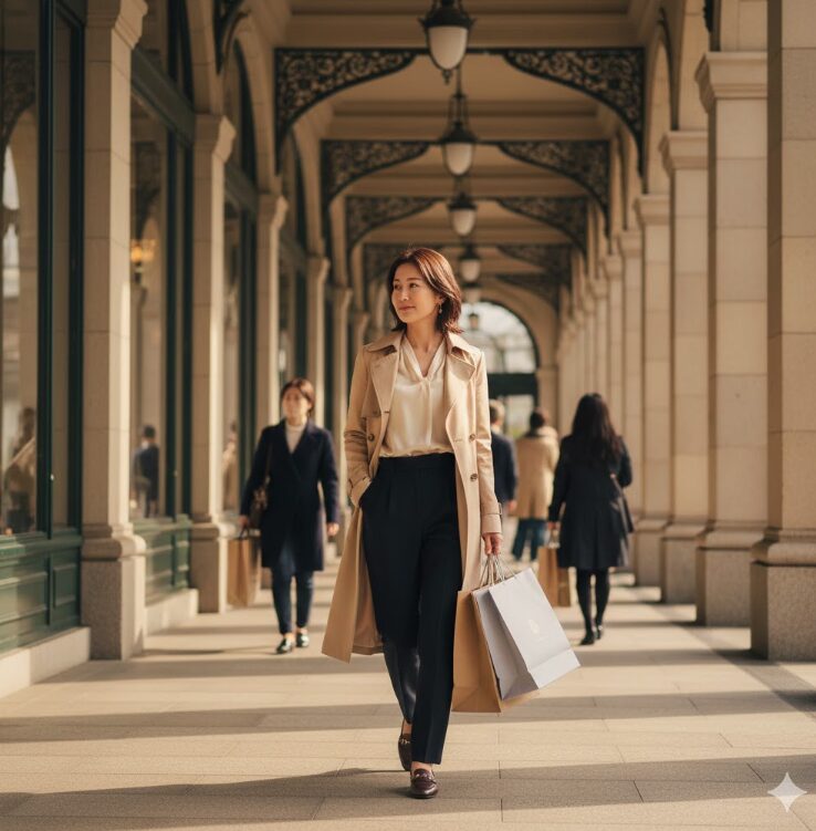 買い物を終え、満足げな表情で大丸神戸店の象徴的な回廊(旧居留地風の建物)を歩く、洗練されたファッションの日本人女性。手には上品な紙袋をいくつか持っている。午後の柔らかな光が差し込んでいる。
