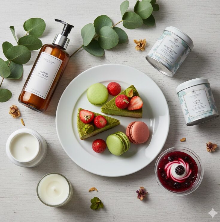 彩り豊かなトッピングが施されたスイーツと、ギフトに人気のケアアイテムが並んだおしゃれな物撮り写真