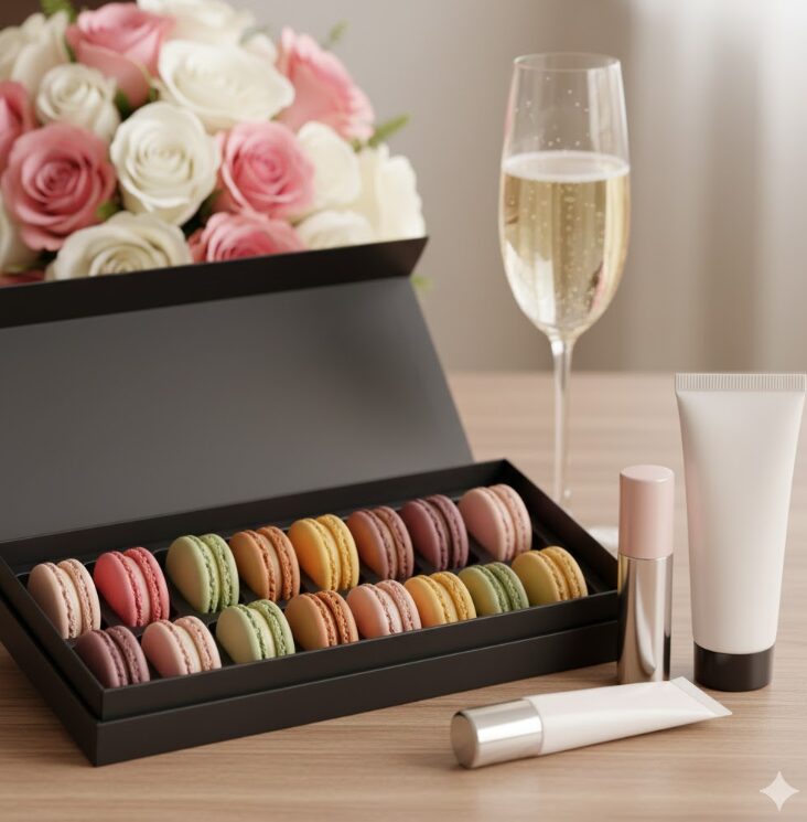 上品な木目調のテーブルの上に、彩り豊かなマカロンのボックスと、高級感のあるブランドのリップバームやハンドクリームが美しく並べられている様子。
背景には少しぼかした花束やシャンパングラス。