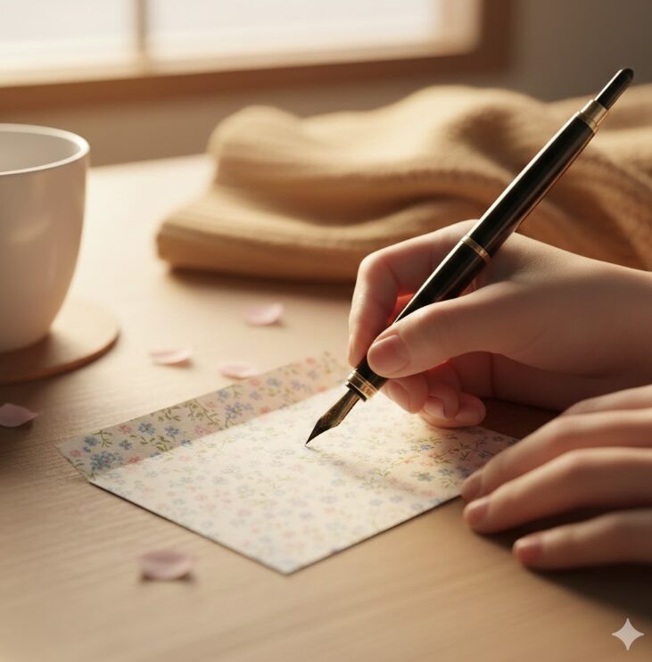 小さな花柄のメッセージカードに、感謝の気持ちを込めてペンで言葉を綴っている温かみのある光景