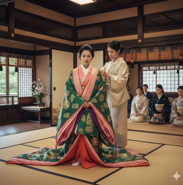 京都西陣で実演される華やかな十二単の着付け風景