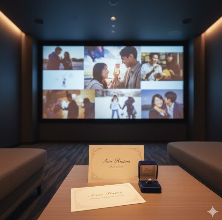 ホテルのシアタールーム（THE LIVELY等をイメージ）。大きなスクリーンに二人の思い出の写真（のようなぼかした映像）が映し出され、手前のテーブルにはメッセージカードと小さなジュエリーボックスが置かれている。