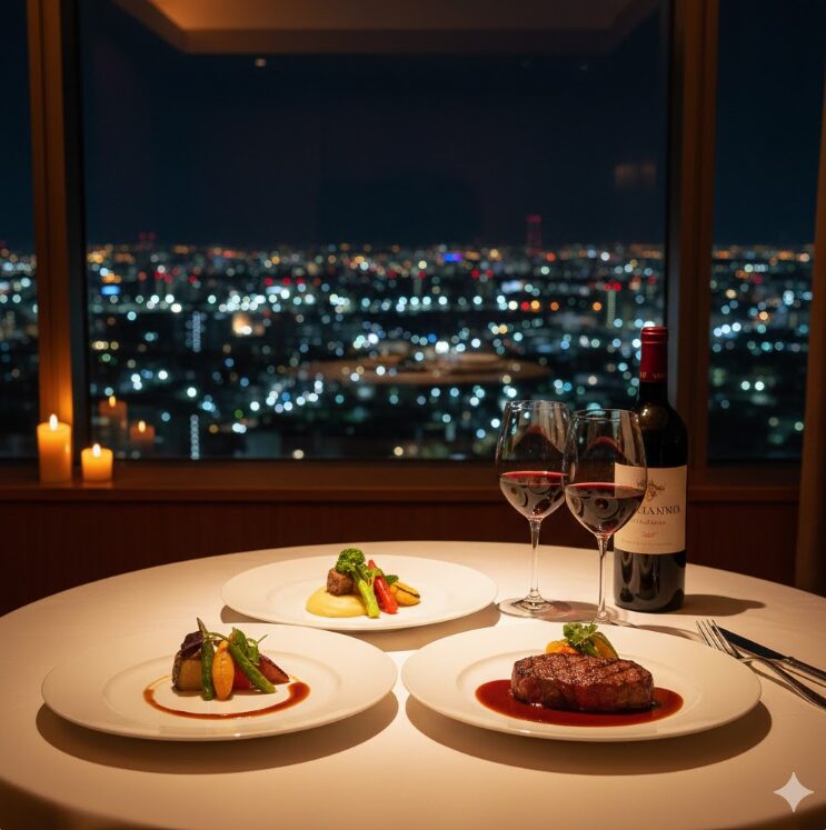  洗練されたレストランの個室。テーブルには美しく盛り付けられたフランス料理のフルコースと赤ワイン。窓の外には福岡の夜景。料理のディテール（照りや彩り）を強調したシネマティックなライティング。